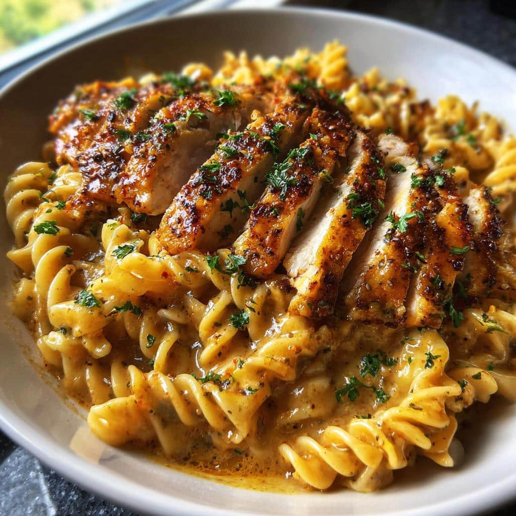 cajun garlic butter chicken with creamy parmesan twisted pasta
