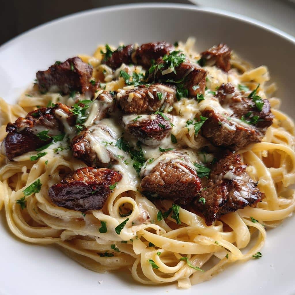cheesy garlic steak bites over creamy linguine pasta - detail 1