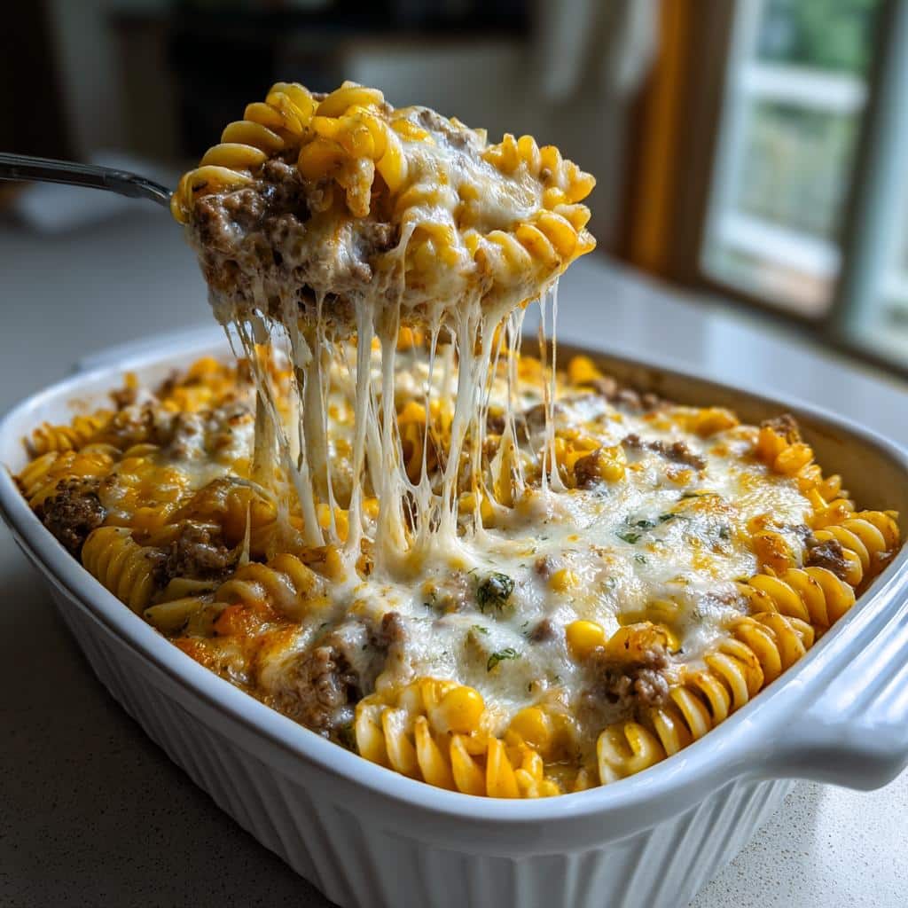 cheesy ranch rotini bake with beef and sweet corn