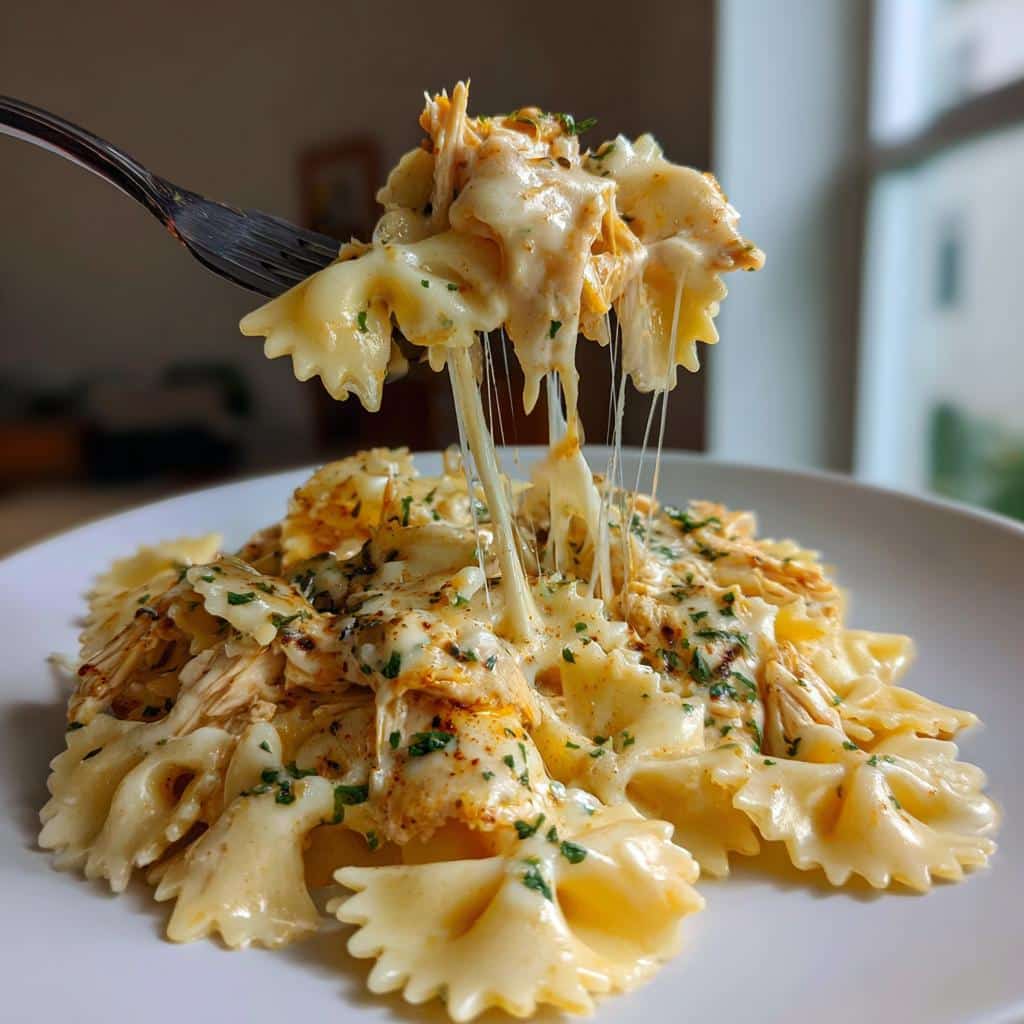 chicken creamy velveeta bowtie pasta with mozzarella garlic sauce - detail 1
