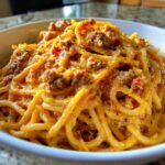 creamy cajun beef spaghetti with three cheese parmesan sauce