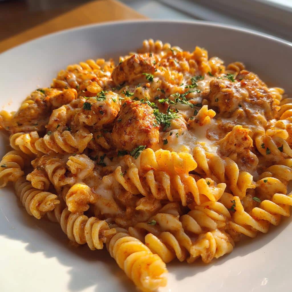 creamy cajun chicken rotini with garlic mozzarella sauce