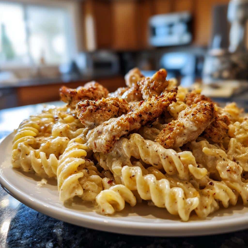 creamy cajun chicken rotini with mozzarella alfredo sauce