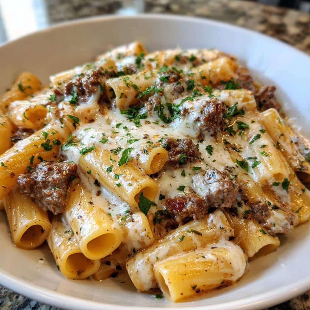 creamy cheesy garlic butter rigatoni with savory beef