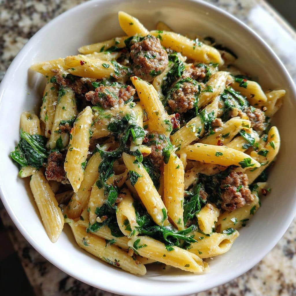creamy garlic butter beef penne with sausage and spinach - detail 1