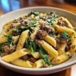 creamy garlic butter beef penne with sausage and spinach