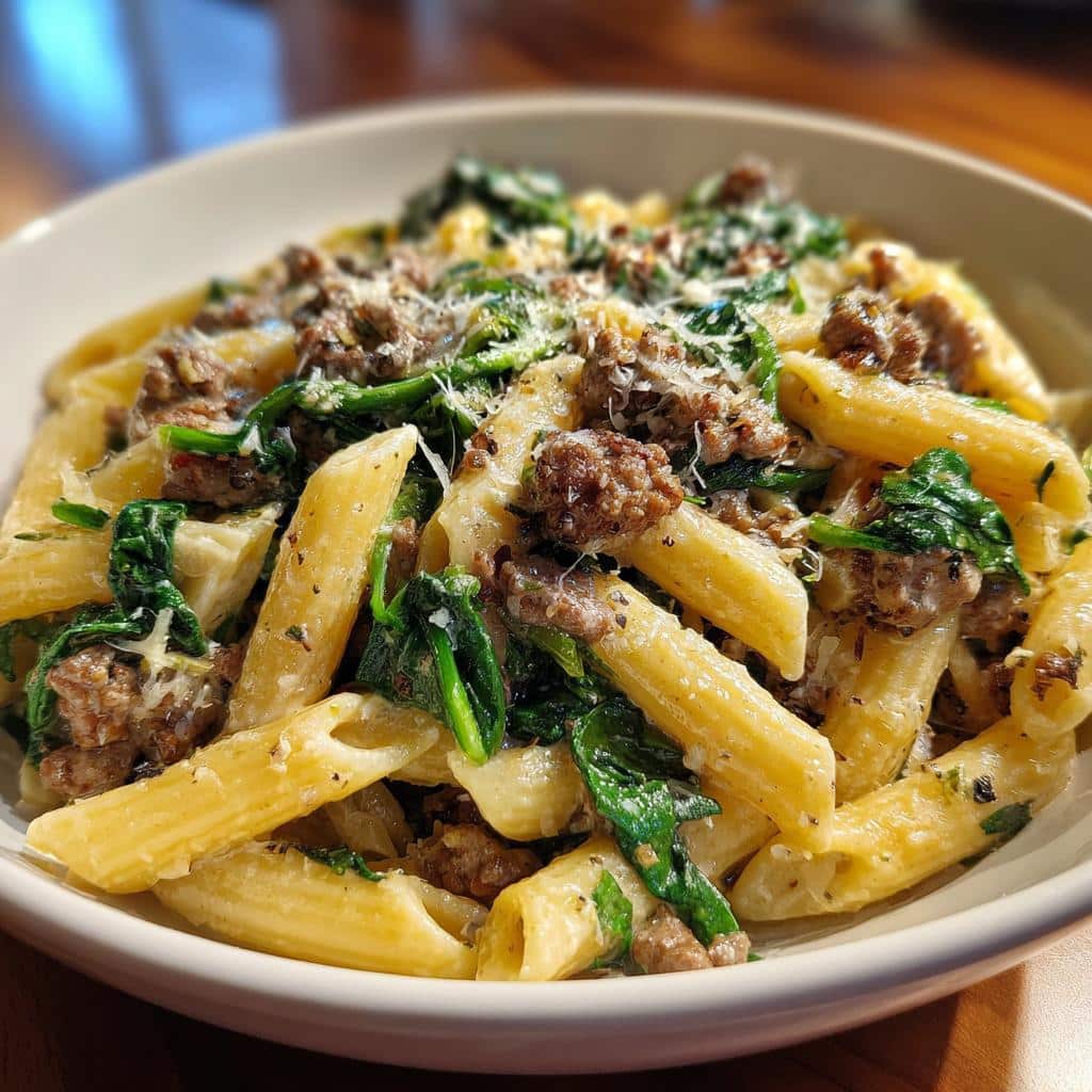creamy garlic butter beef penne with sausage and spinach