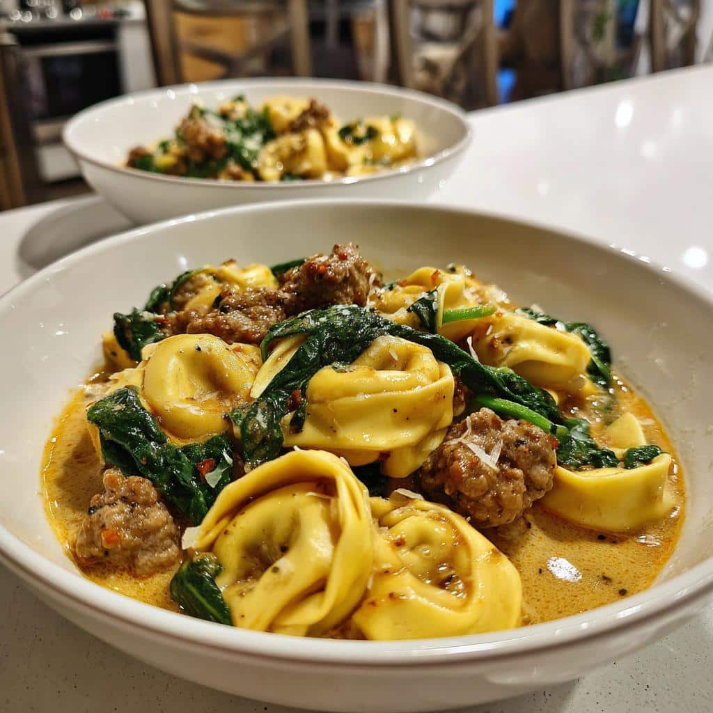 creamy garlic butter beef tortellini with italian sausage spinach - detail 1