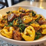 creamy garlic butter beef tortellini with italian sausage spinach