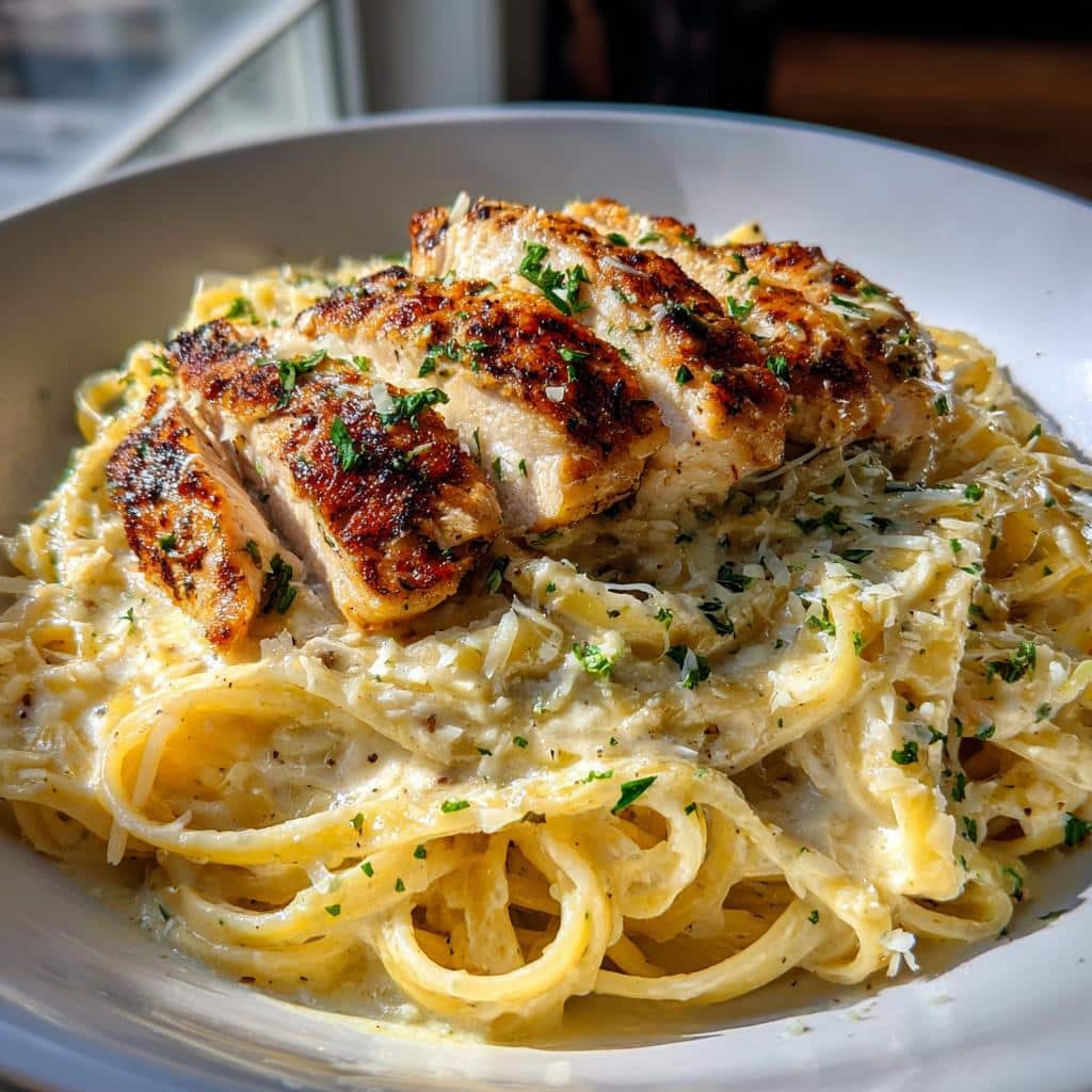 creamy garlic butter chicken linguine in alfredo sauce