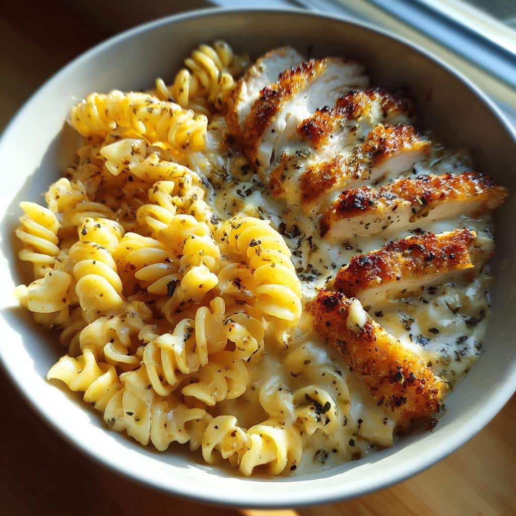 creamy garlic parmesan chicken and cheesy twisted pasta recipe - detail 1