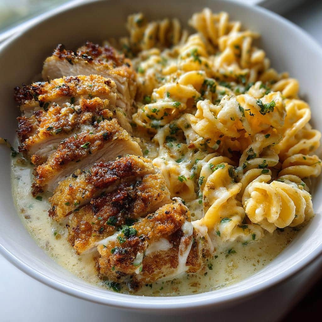 creamy garlic parmesan chicken and cheesy twisted pasta recipe