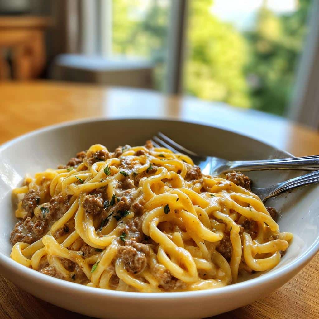 creamy high protein beef pasta - detail 1