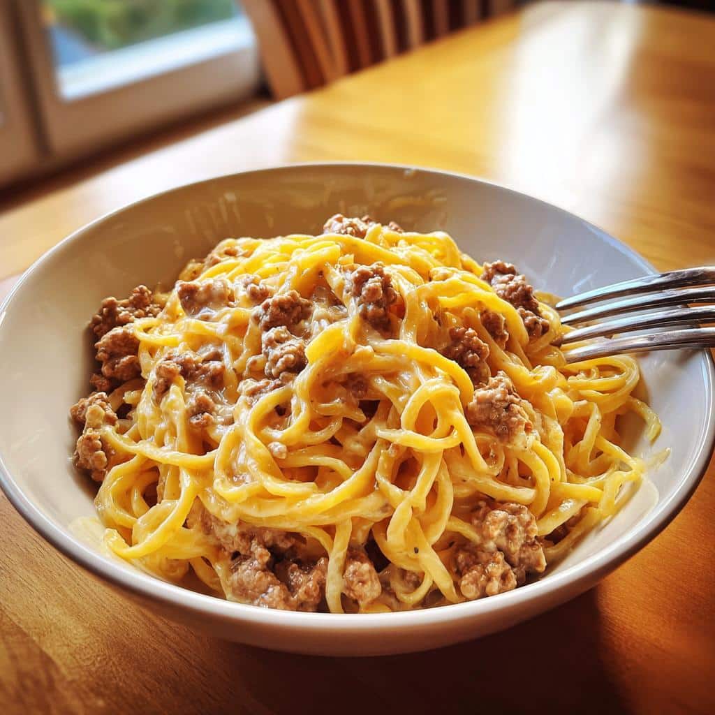 creamy high protein beef pasta