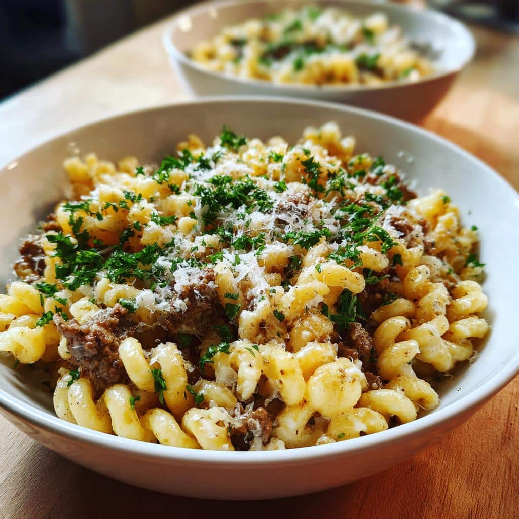 creamy one pot beef pasta with garlic butter - detail 1