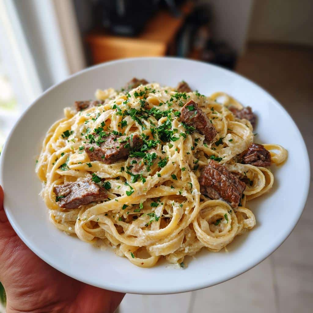 creamy parmesan beef fettuccine with garlic butter sauce - detail 1
