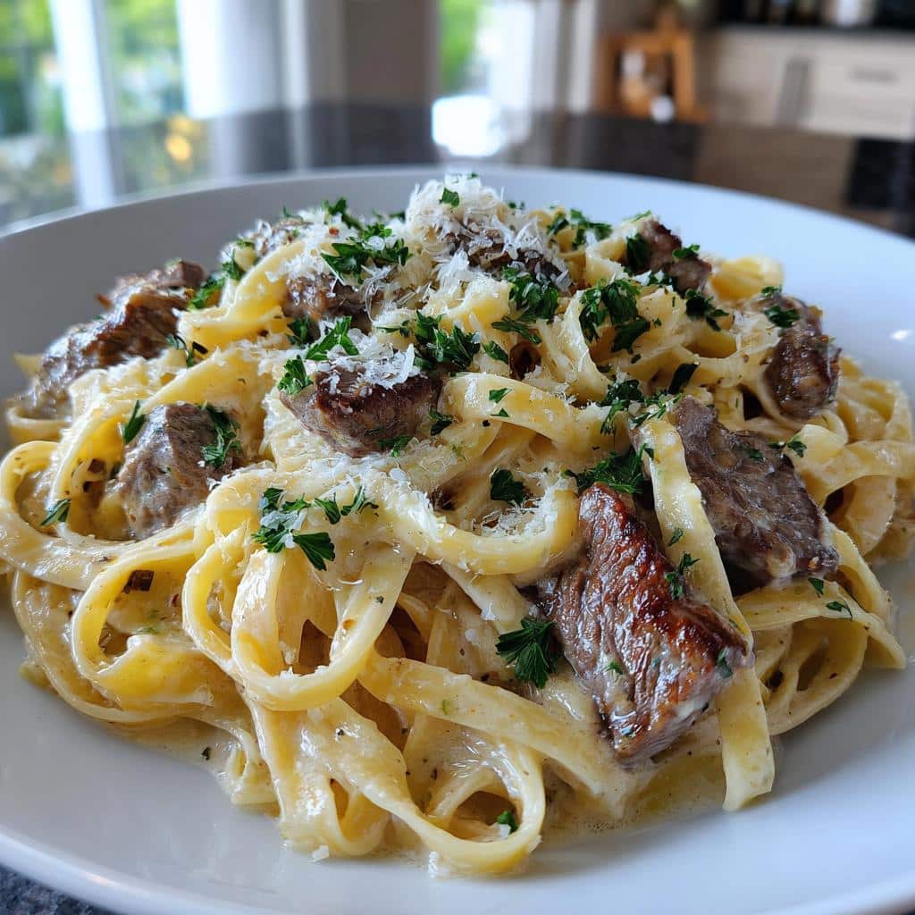 creamy parmesan beef fettuccine with garlic butter sauce