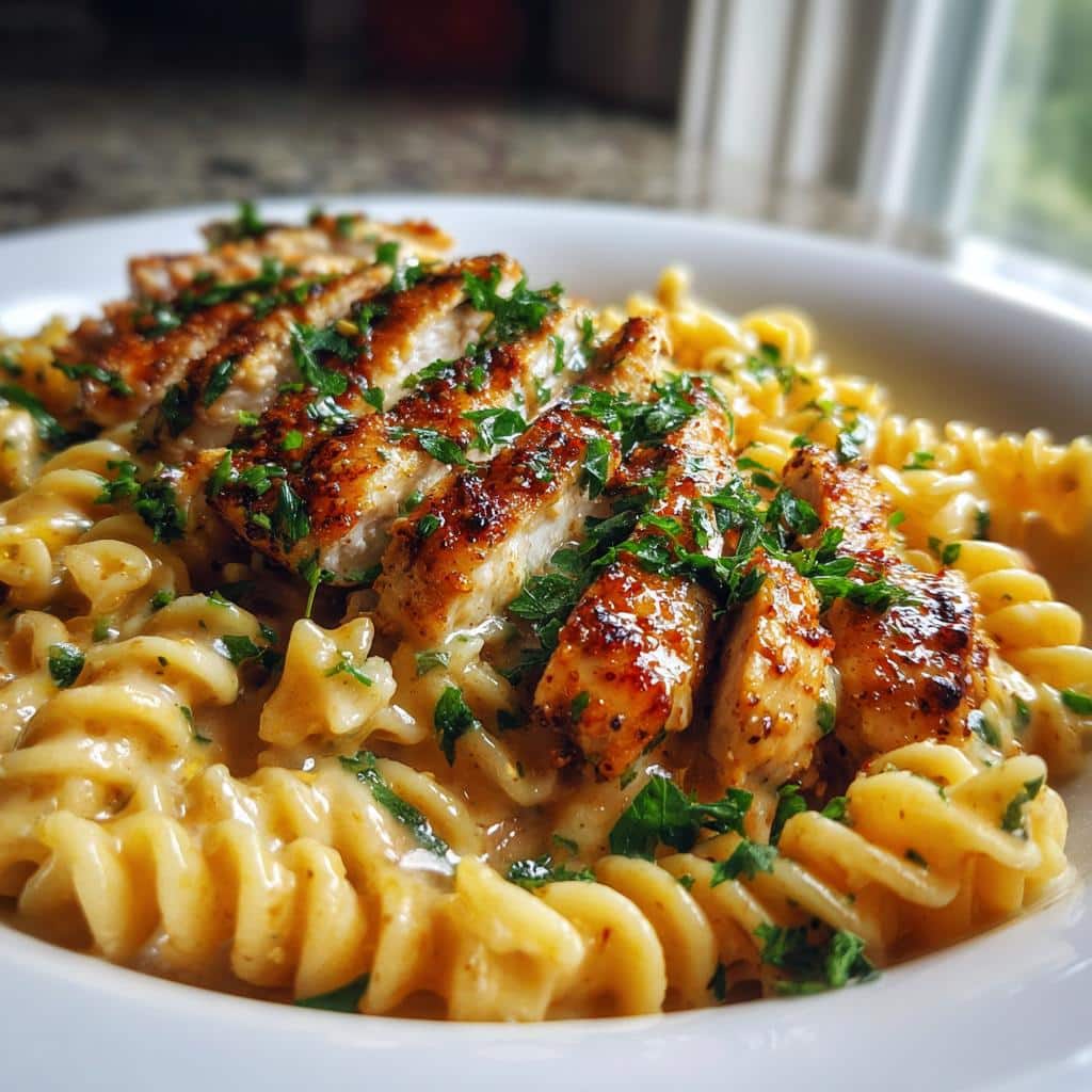 creamy parmesan rotini with cajun garlic butter chicken - detail 1