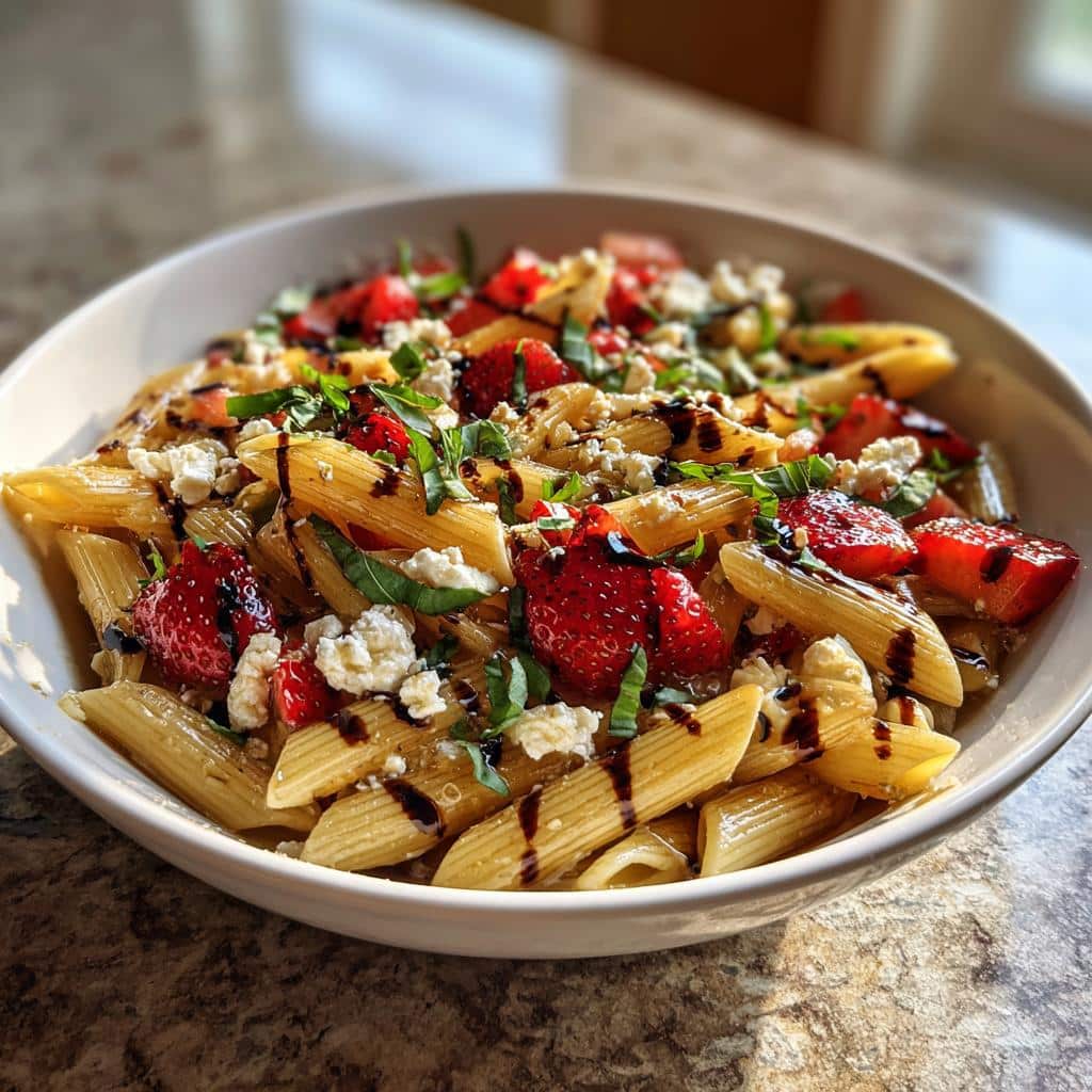 creamy strawberry feta pasta salad - detail 1