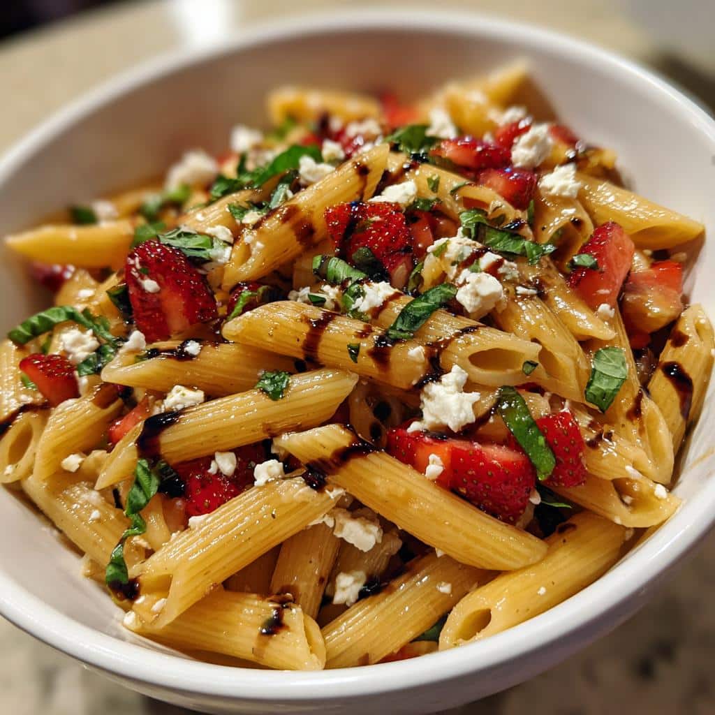 creamy strawberry feta pasta salad