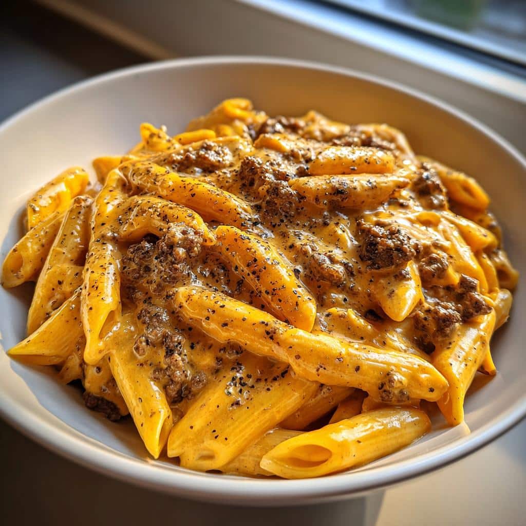 creamy velveeta beef stroganoff and penne pasta