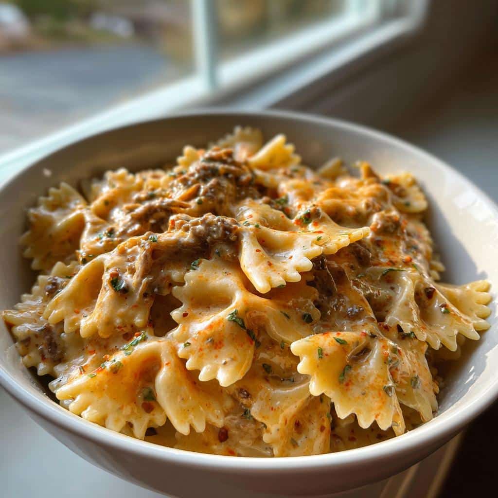 creamy velveeta bowtie pasta with italian beef marinara - detail 1