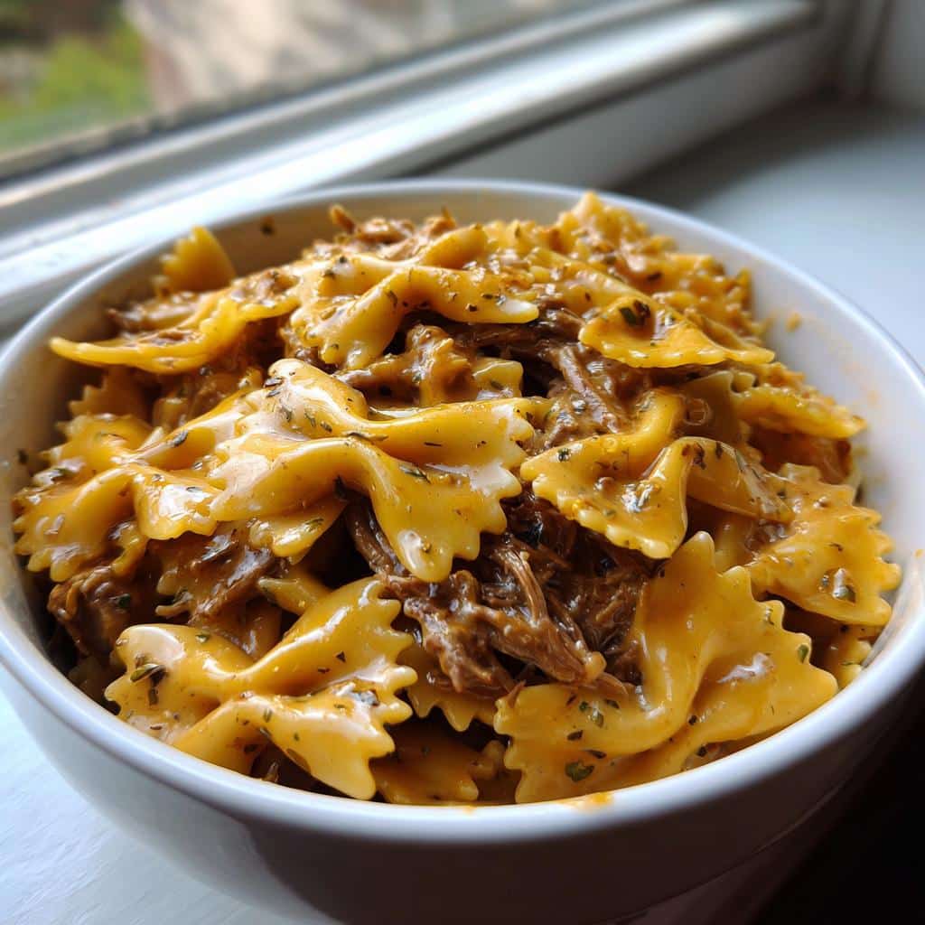 creamy velveeta bowtie pasta with italian beef marinara