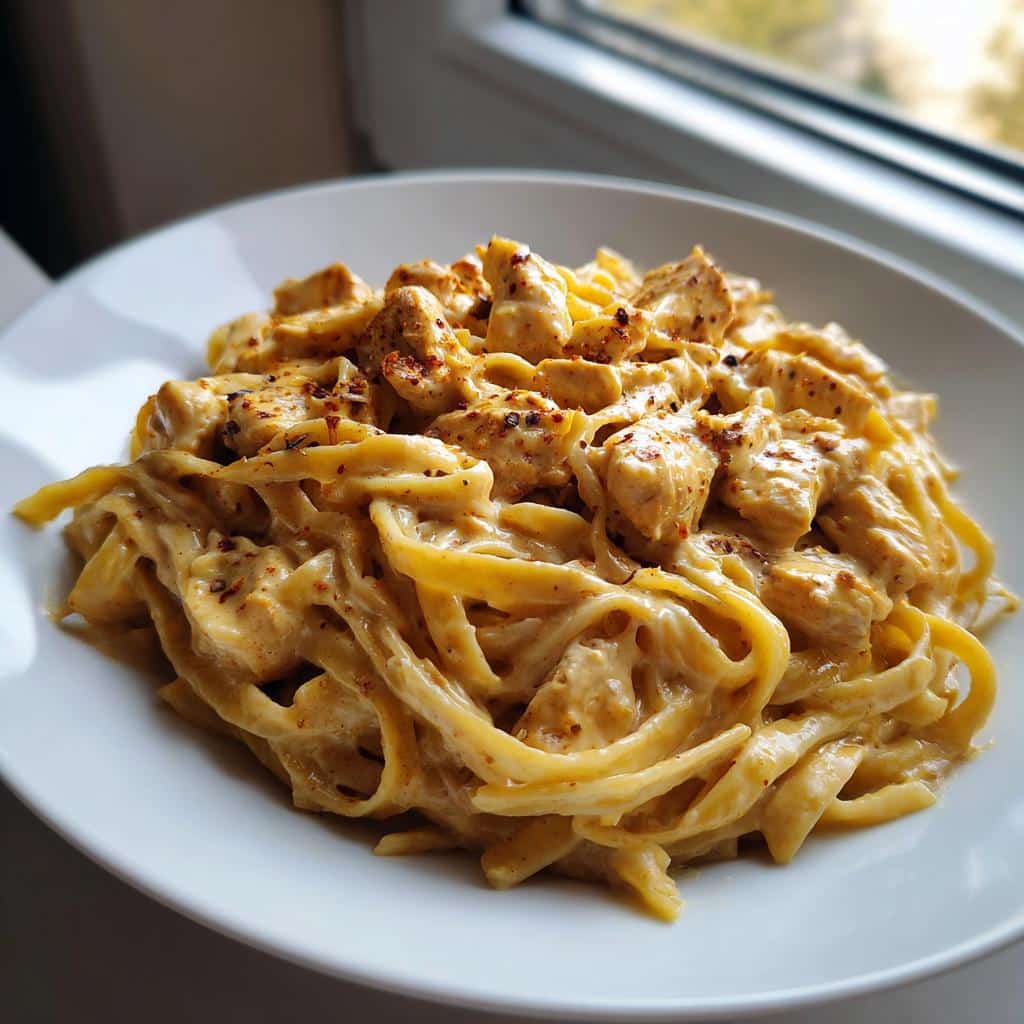 creamy velveeta chicken fettuccine with garlic cheese sauce - detail 1