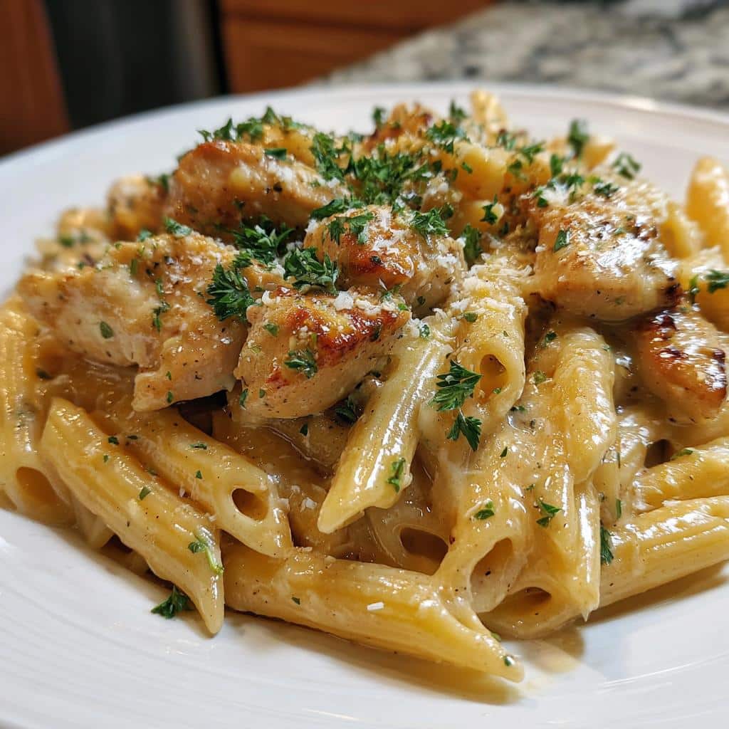 creamy velveeta chicken penne in garlic butter parmesan sauce - detail 1