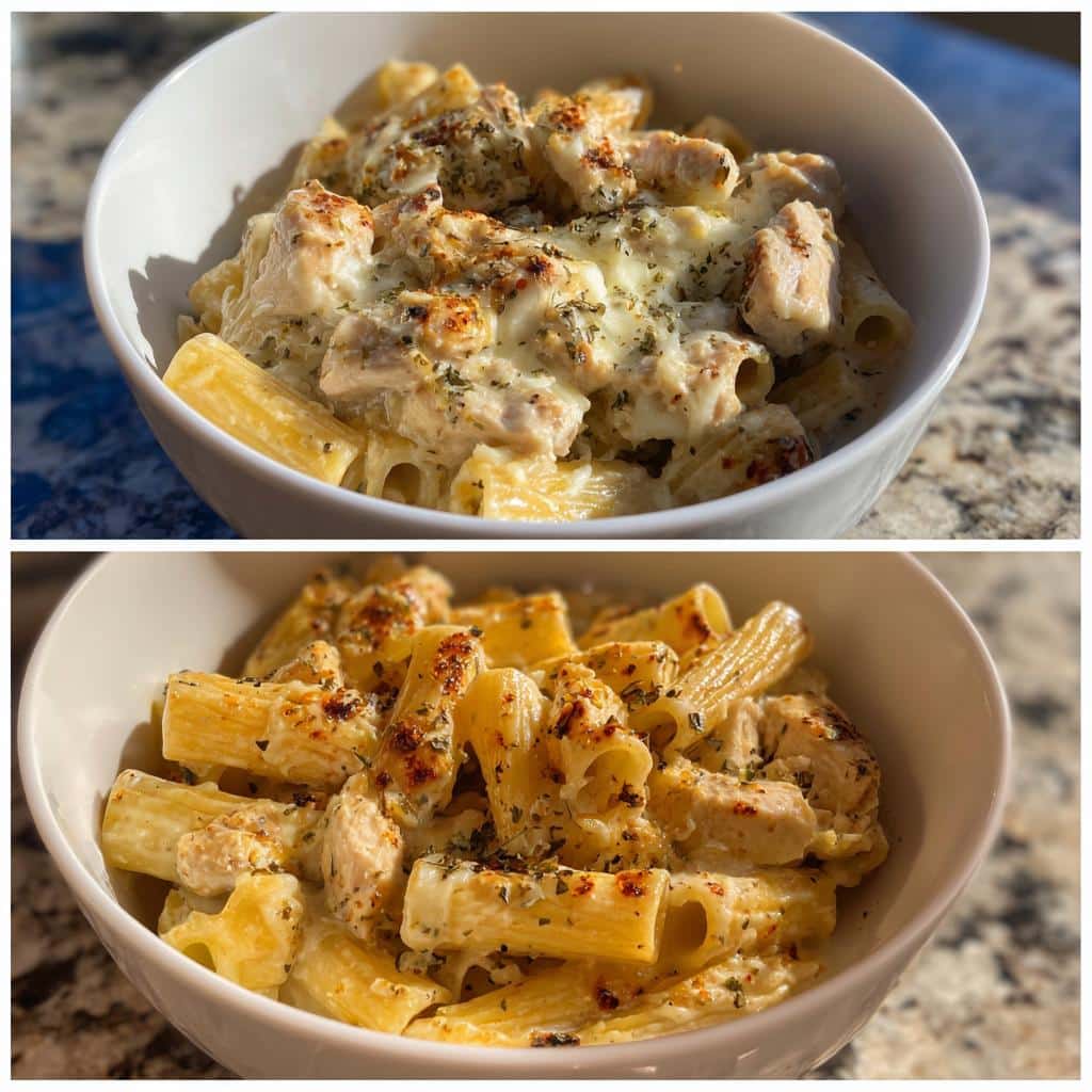 creamy velveeta chicken rigatoni with mozzarella garlic sauce - detail 1