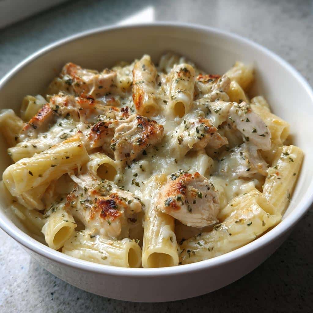 creamy velveeta chicken rigatoni with mozzarella garlic sauce