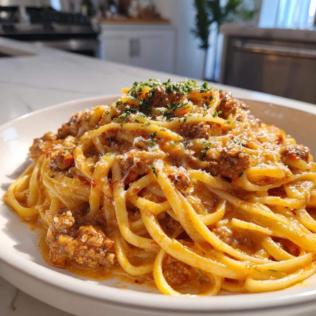 creamy velveeta linguine with italian beef marinara - detail 1
