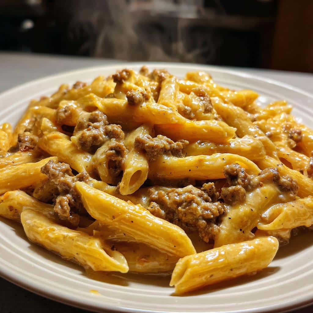 creamy velveeta penne pasta with cajun beef alfredo sauce - detail 1