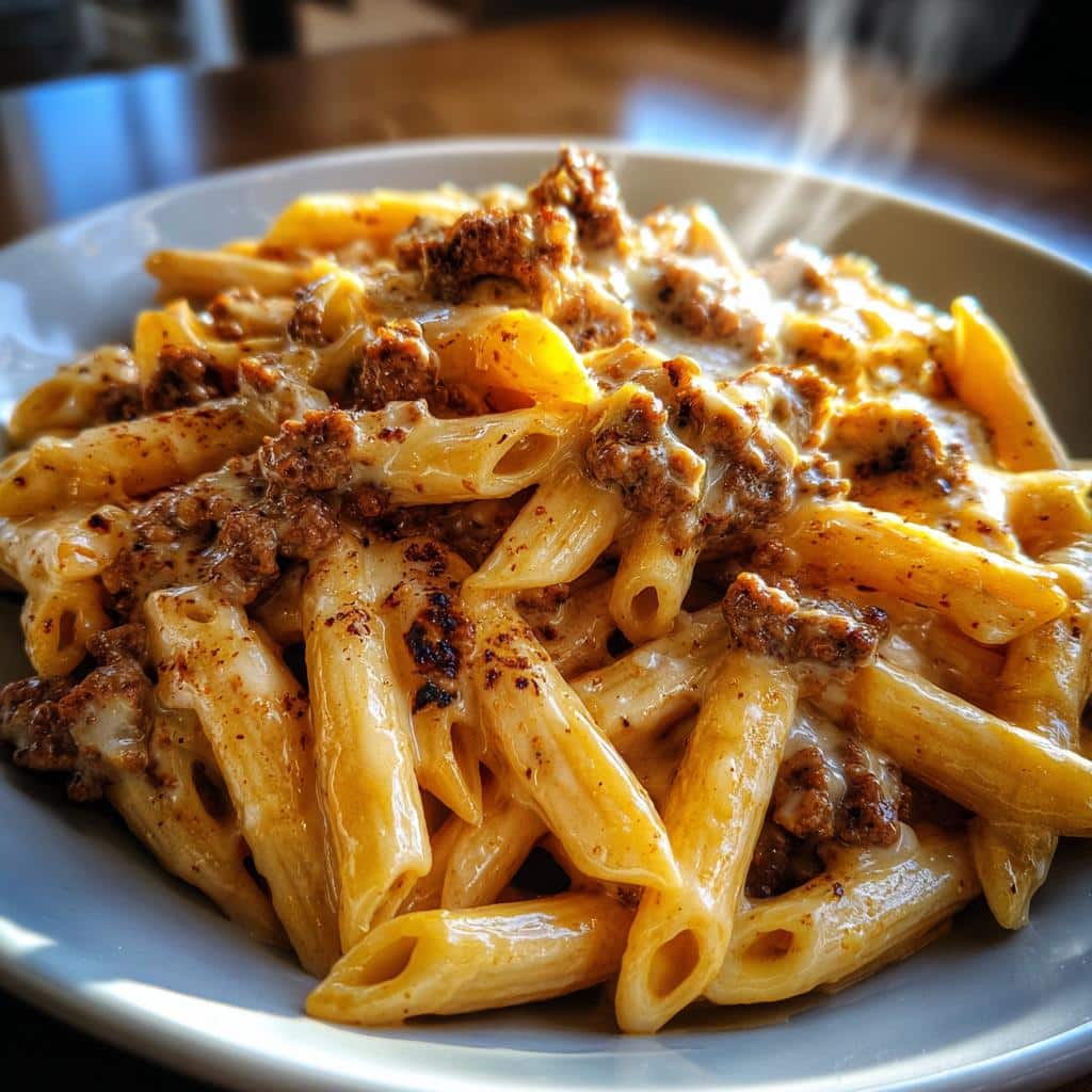 creamy velveeta penne pasta with cajun beef alfredo sauce
