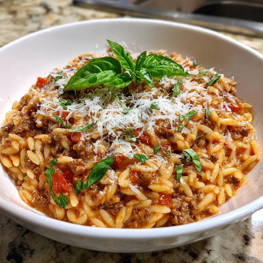 delicious ground beef orzo with tomato cream sauce