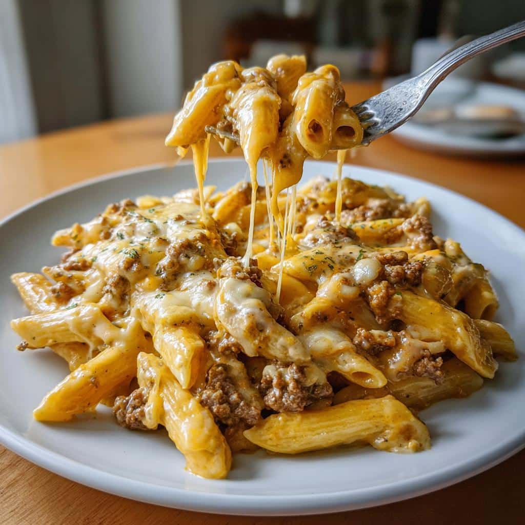 easy loaded cheeseburger alfredo pasta - detail 1