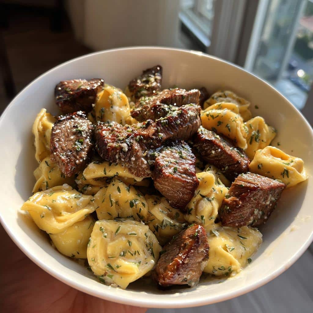 garlic butter steak bites with creamy parmesan tortellini and garlic sauce - detail 1