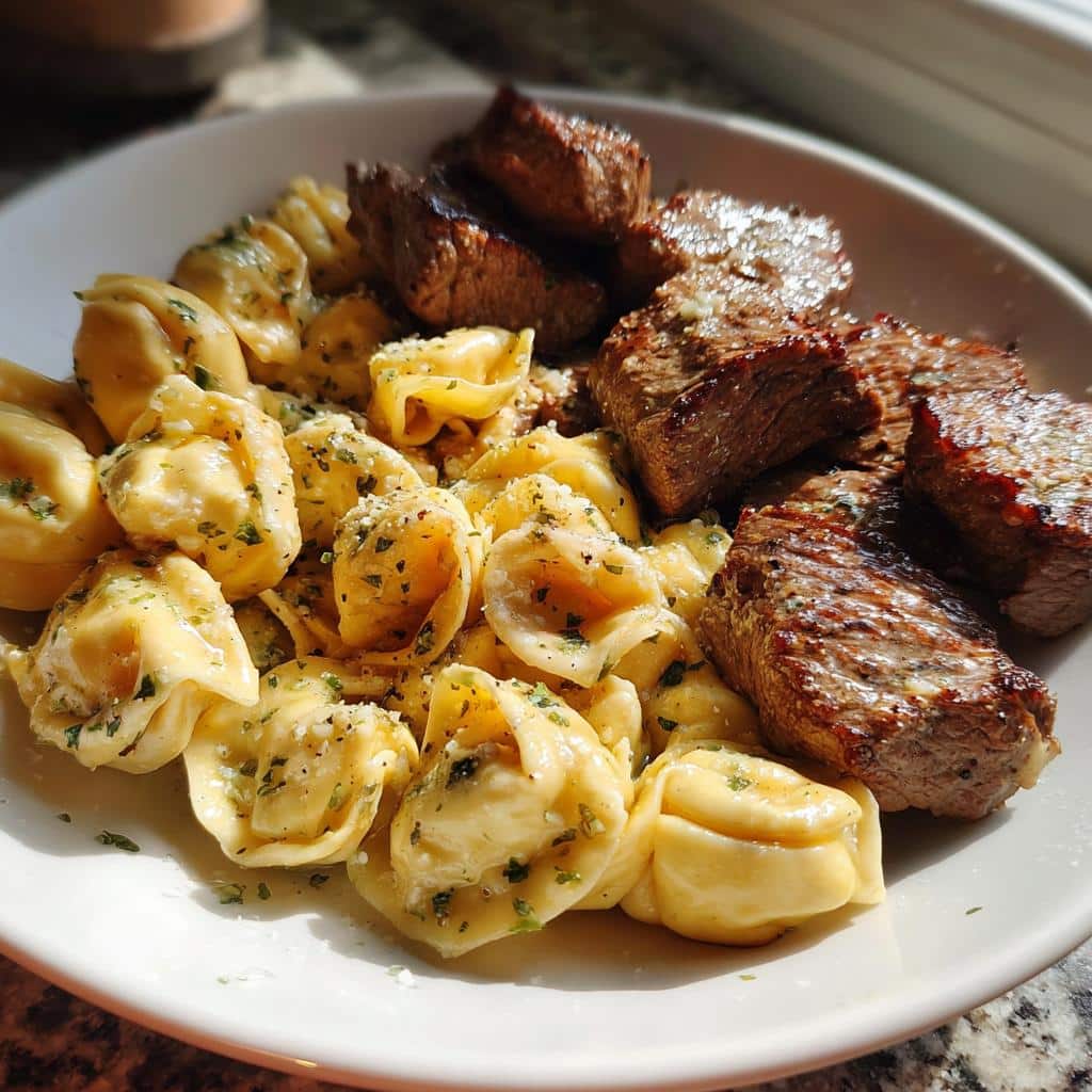 garlic butter steak bites with creamy parmesan tortellini and garlic sauce