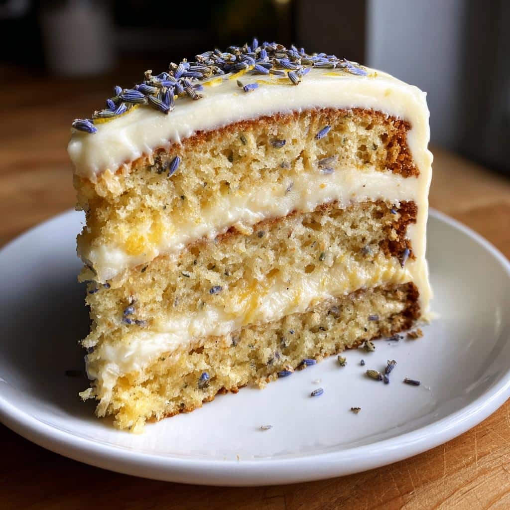 lavender lemon cream cake with white chocolate frosting