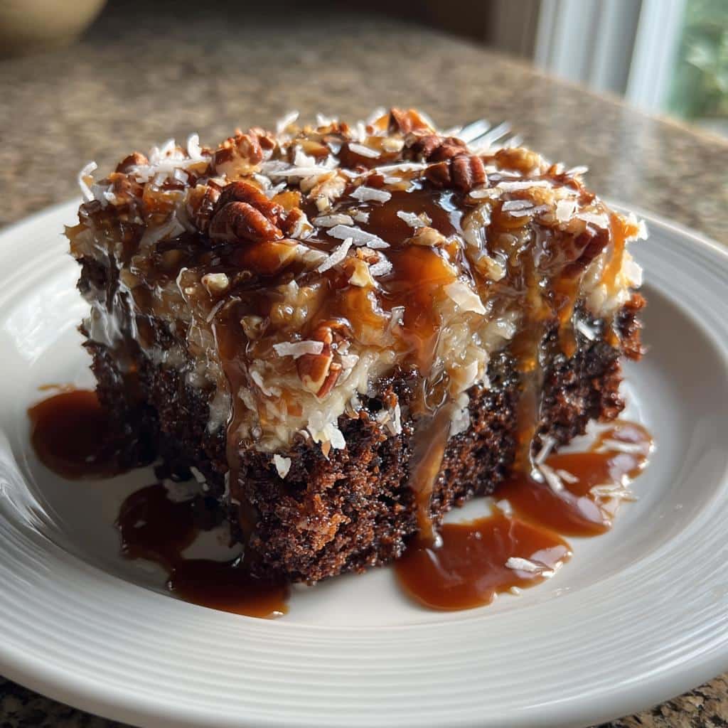 moist chocolate poke cake with coconut pecan topping - detail 1