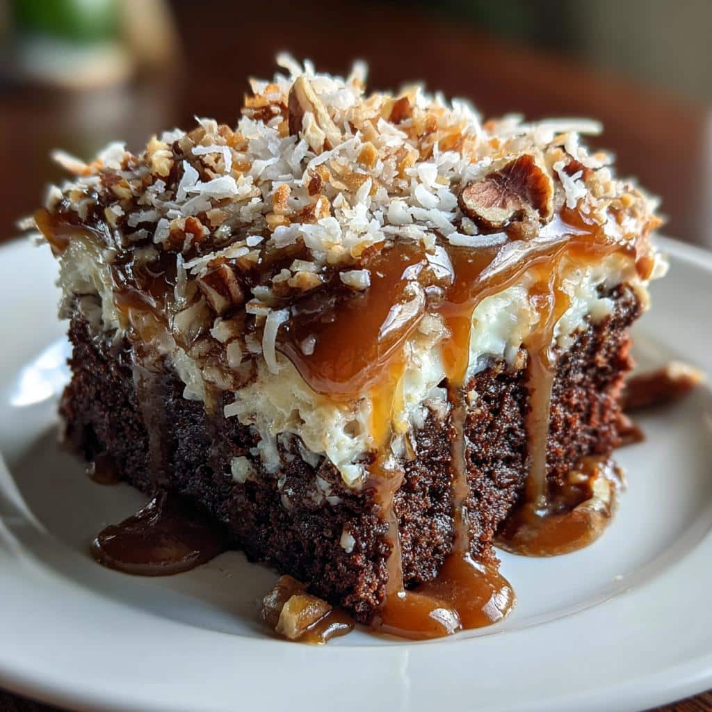 moist chocolate poke cake with coconut pecan topping