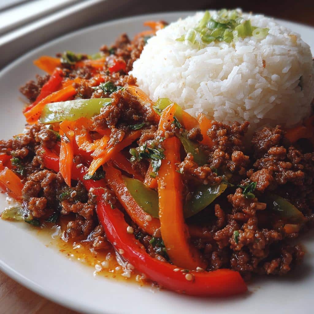 spicy ground beef stir fry bowl with garlic veggies steamy rice