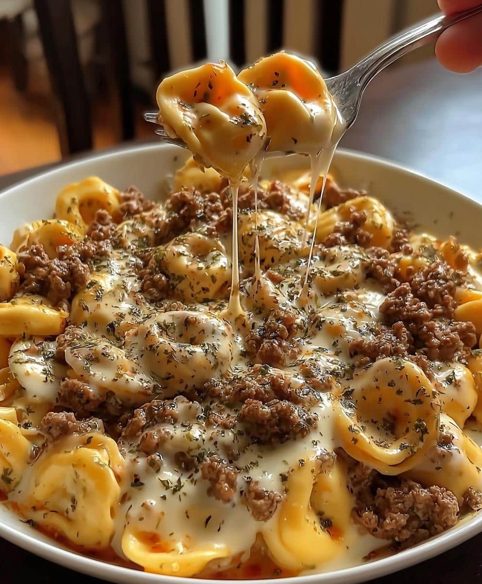 Cheesy Ground Beef Tortellini in Creamy Garlic Herb Parmesan Sauce