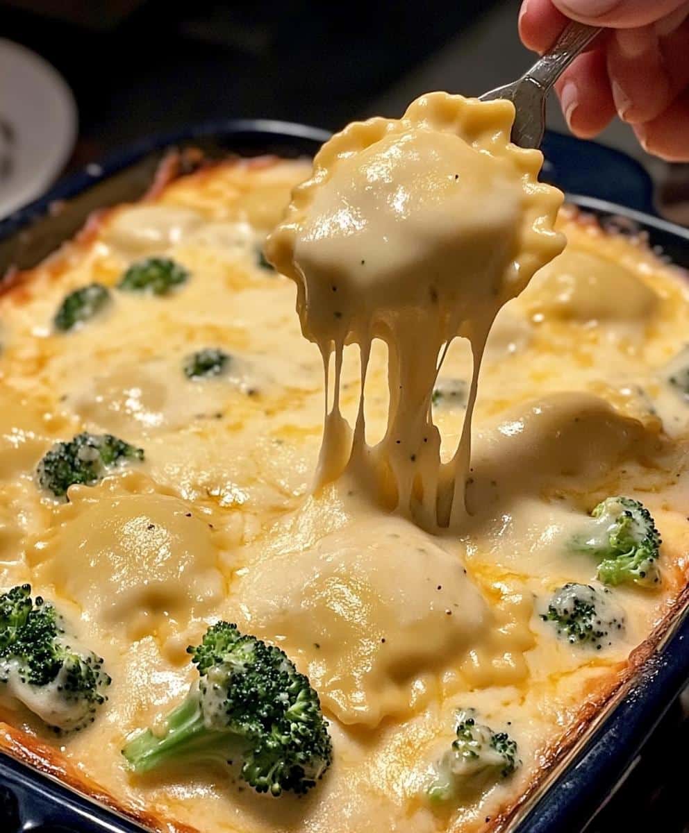 Broccoli Cheddar Ravioli Bake
